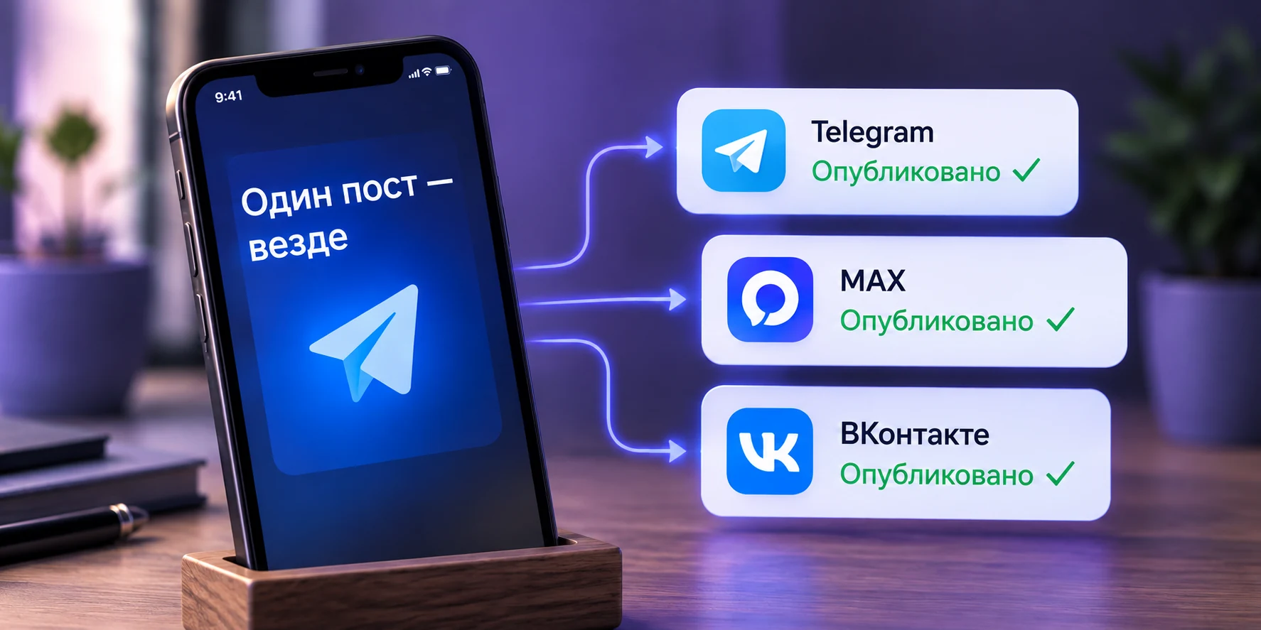 Концепция кросспостинга: сообщение на телефоне и связанные с ним площадки