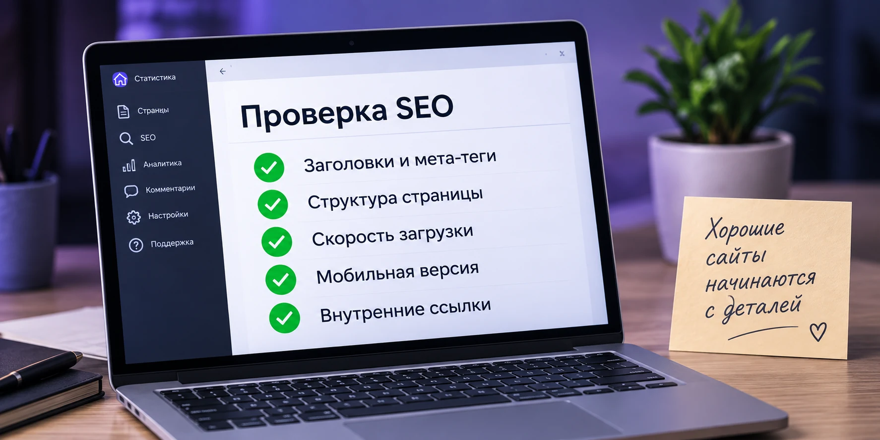 Ноутбук с иллюстрацией отчёта о проверке сайта